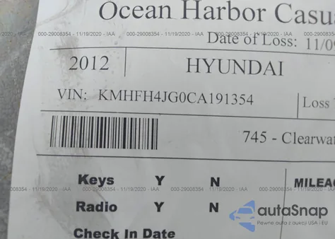 2012 Hyundai Azera z USA, uszkodzony, nr VIN KMHFH4JG0CA191354